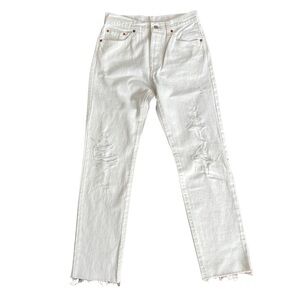 Levi’s High Rise Distressed White Denim Raw Hem Straight Leg Jeans